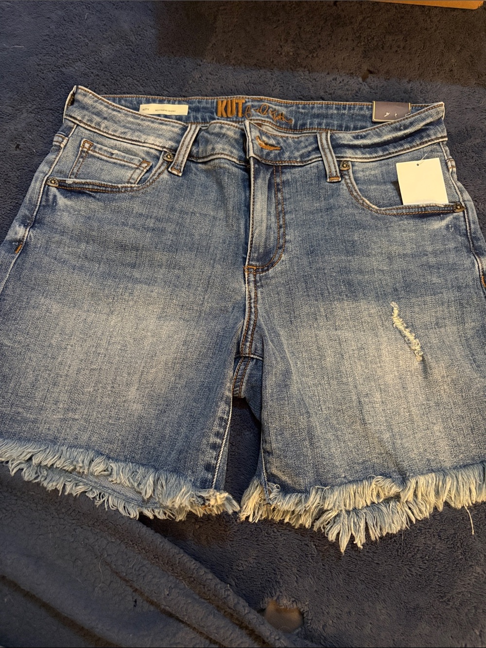 Kut from the Kloth Medium Blue Frayed Hem Denim Shorts